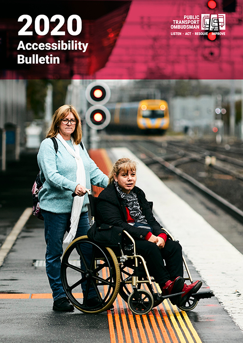 The 2019 PTO Accessibility Bulletin Cover shows an illustration depicting people with different accessibility needs standing in front of a tram, train and bus.