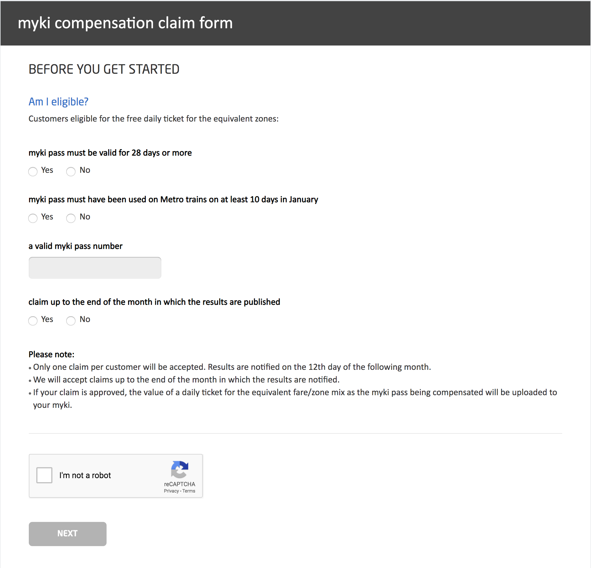 Image shows a screengrab of Metro Trains' online complaint form 